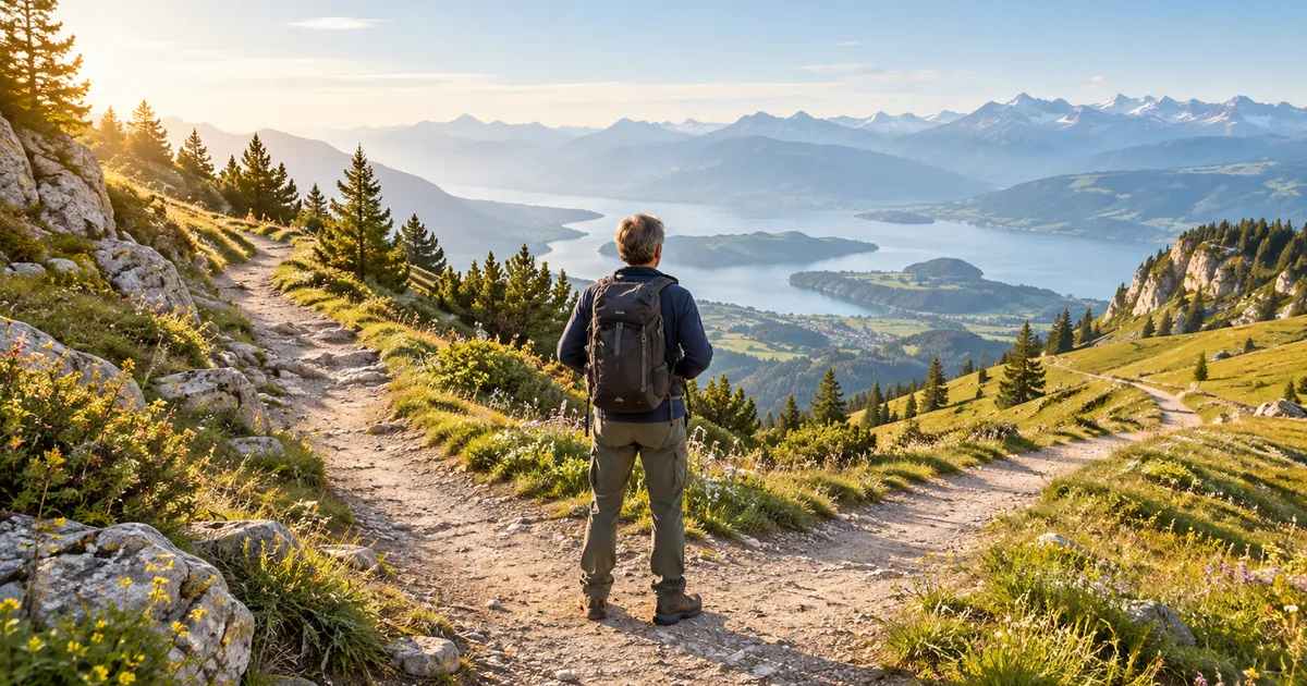 Person von hinten an einer Weggabelung auf einem Wanderweg in den Voralpen, weiches Morgenlicht