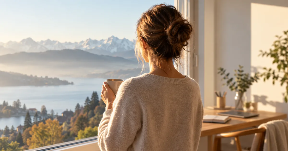 Person von hinten am Fenster im Morgenlicht mit einer Tasse in der Hand, dahinter Berge und ein aufgeräumter Schreibtisch