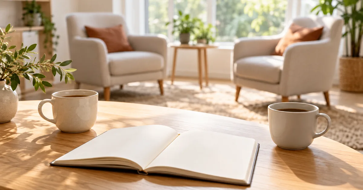 Zwei Tassen Kaffee und ein aufgeschlagenes leeres Notizbuch auf einem hellen Holztisch im Tageslicht