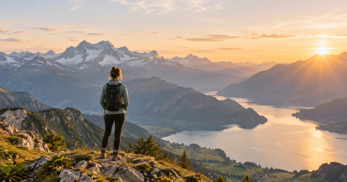 Person steht von hinten auf einem kleinen Gipfel in den Schweizer Bergen, warmes Gegenlicht, Blick in die weite Landschaft